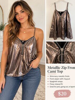 Metallic Bronze Zip Front Cami Top